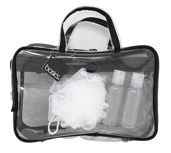 Basics Weekender Cosmetic Bag, includes 2 travel bottles & 1 shower pouf - Click Image to Close